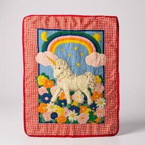 Vtg Mystical Rainbow, Unicorn, Meadow, Friends Quilted Baby Blanket 43x31 1/2"